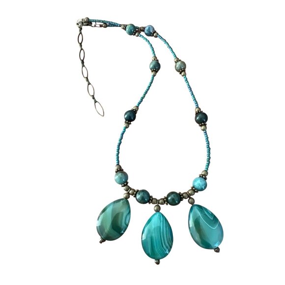 Vintage Green Striped Agate Necklace Teardrop Pendant Brass 17" + 3" extender - Picture 5 of 5